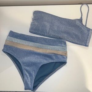ELYSIIAN blue sparkle pixie bottom & one shoulder top- size L